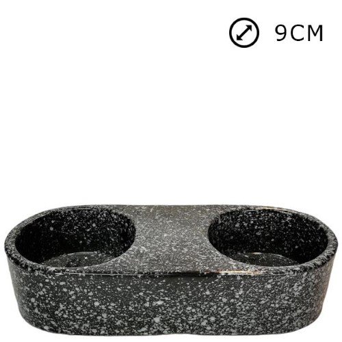 Suporte duplo em cerâmica preta marmoreada para círios, com design simples e diâmetro de 9 cm por suporte.