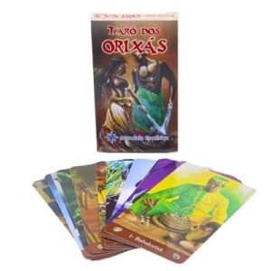 Baralho de Tarot dos Orixás com cartas coloridas ilustradas com símbolos e figuras da cultura afro-brasileira