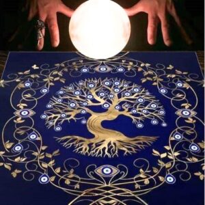 Toalha de Tarot 75x75cm com design místico dourado, Árvore da Vida e Olho Turco
