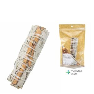 Tocha esotérica de sálvia branca enrolada com paus de canela, 9cm, pronta para uso ritualístico.