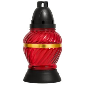 Candeeiro de vidro vermelho com tampa preta e detalhe dourado, design clássico e robusto