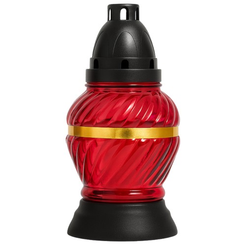 Candeeiro de vidro vermelho com tampa preta e detalhe dourado, design clássico e robusto