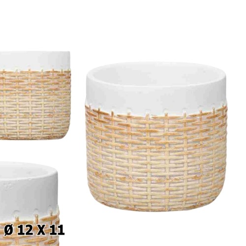 Vaso com Textura Rattan em Cerâmica 12x11cm - Branco