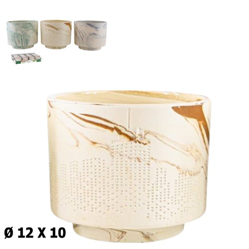 Vaso de cerâmica com textura em relevo, com acabamento suave e cores delicadas, ideal para decoração interior.