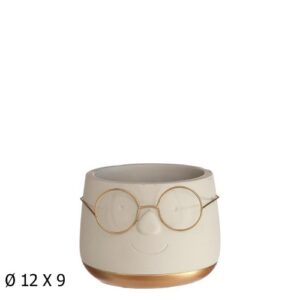 Vaso em Cerâmica com Óculos em Metal 12cm - Creme / Dourado