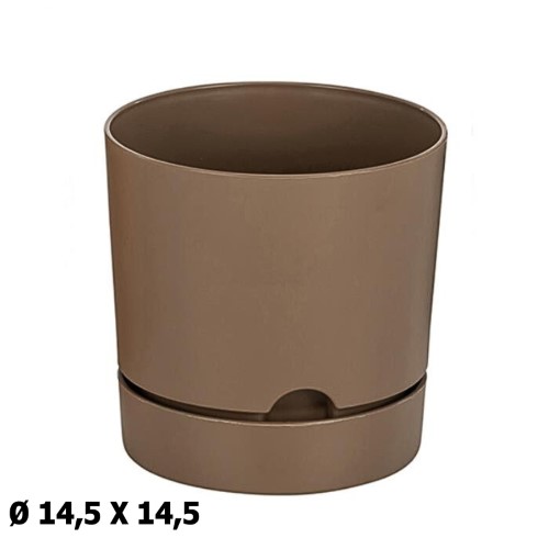 Vaso Redondo em Plástico com Prato 14,5x14,5cm - Castanho