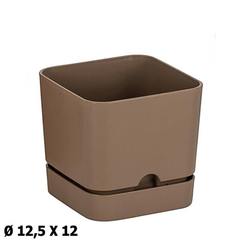 Vaso Quadrado em Plástico com Prato 12,5x12cm - Castanho