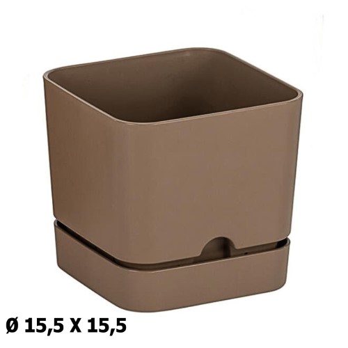 Vaso Quadrado em Plástico com Prato 15,5x15,5cm - Castanho