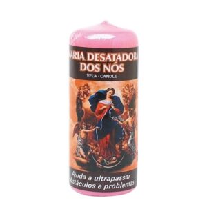 Vela ritual rosa Maria Desatadora dos Nós, com símbolos esotéricos, indicada para apelo e limpeza espiritual.