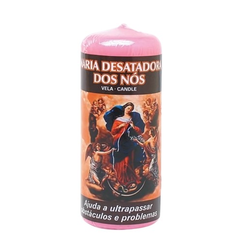 Vela ritual rosa Maria Desatadora dos Nós, com símbolos esotéricos, indicada para apelo e limpeza espiritual.