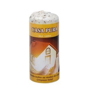 Vela branca com símbolo AUM em dourado, da Casa Pura, indicada para rituais de limpeza e proteção