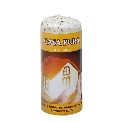 Vela branca com símbolo AUM em dourado, da Casa Pura, indicada para rituais de limpeza e proteção