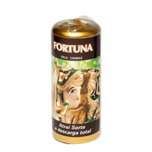 Vela ritual dourada com imagem de elefante, símbolo de sorte e prosperidade.