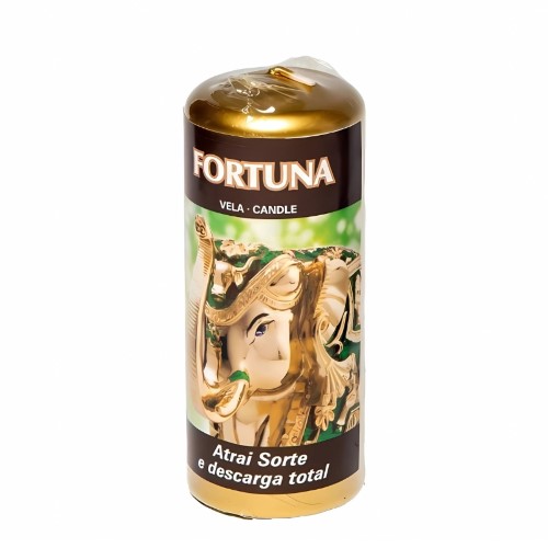 Vela ritual dourada com imagem de elefante, símbolo de sorte e prosperidade.