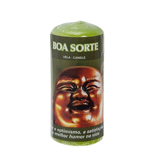 Vela verde com imagem de Buda sorridente e texto 'Boa Sorte' para rituais e energia positiva