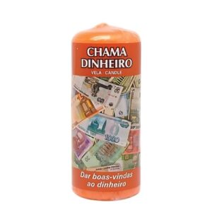 Vela ritual laranja com símbolo AUM e inscrição 'Chama Dinheiro' para atrair prosperidade.