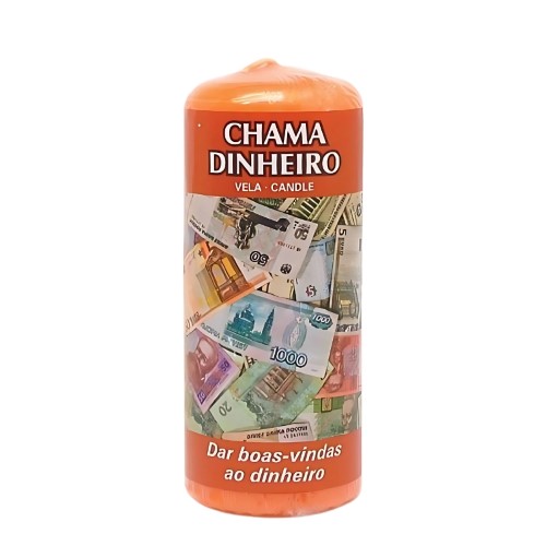 Vela ritual laranja com símbolo AUM e inscrição 'Chama Dinheiro' para atrair prosperidade.