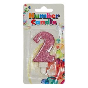 Vela de aniversário rosa em forma do número 2 com brilho festivo