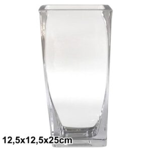 Jarra em vidro transparente com linhas retas e design elegante, ideal para flores ou arranjos decorativos