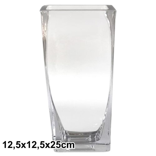 Jarra em vidro transparente com linhas retas e design elegante, ideal para flores ou arranjos decorativos