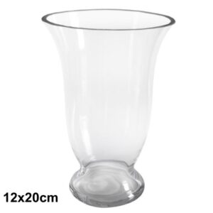 Jarra em vidro transparente com design alargado e elegante, ideal para arranjos florais ou decoração moderna.