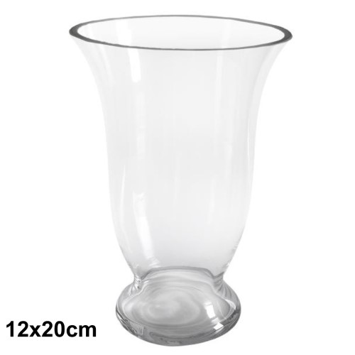 Jarra em vidro transparente com design alargado e elegante, ideal para arranjos florais ou decoração moderna.