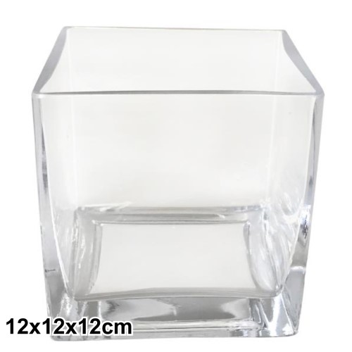Jarra cúbica em vidro transparente com linhas simples, dimensão 12x12x12cm, perfeita para flores ou arranjos decorativos.