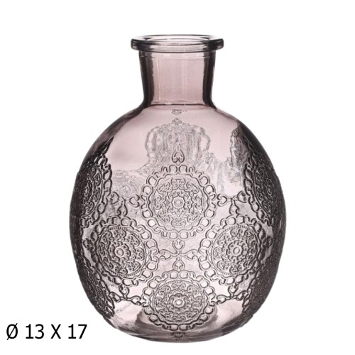 Jarra em vidro transparente com design em relevo, formato arredondado e base sólida, para flores ou decoração