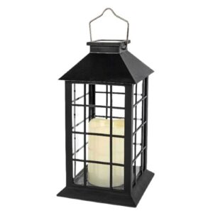 Lanterna solar preta em plástico com design clássico, iluminação LED, ideal para ambientes exteriores.