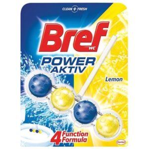 Bloc sanitário Bref Power Aktiv de cor verde e amarelo, com aroma a limão.