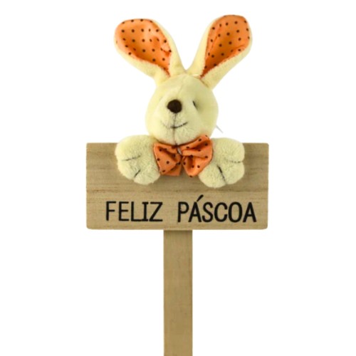 Pick Decorativo Peluche Coelho da Páscoa com Placa em Madeira 26x10cm