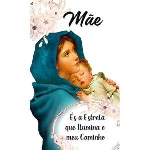 Etiqueta decorativa para velas com imagem de mãe e filho, flores e mensagem