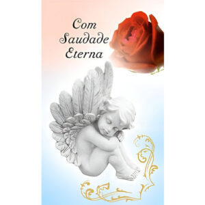Etiqueta decorativa para velas com anjo e rosa, mensagem 'Com Saudade Eterna'