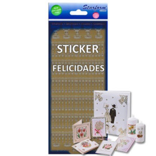 Folha de Autocolantes Laser Dourados com a palavra Felicidades