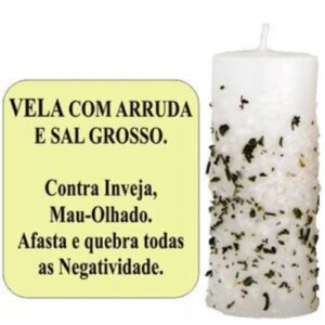 Vela com Arruda e Sal Grosso para proteção e harmonia
