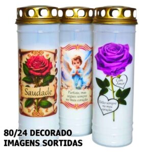 Círio Vela 80/24 Decorado com imagens variadas e mensagens de homenagem