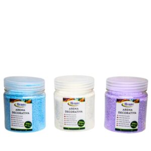 Areia decorativa azul, branco e lilás em frascos de 300g