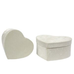 Caixa em formato de coração em veludo creme com tampa, pack de 2