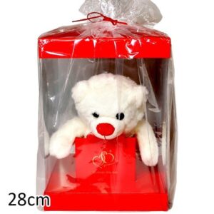 Caixa retangular vermelha com urso de peluche branco