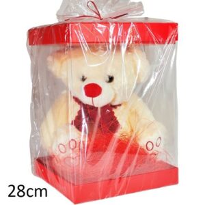 Caixa retangular vermelha com urso de peluche creme e vermelho