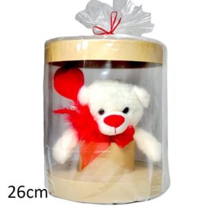 Caixa redonda com urso de peluche branco e dourado