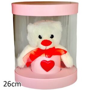 Caixa redonda com urso de peluche branco e rosa, 26cm