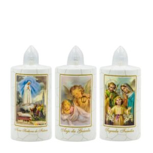 Vela elétrica com imagens sortidas de figuras religiosas