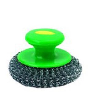 Esfregão de aço inox com pega verde para limpeza