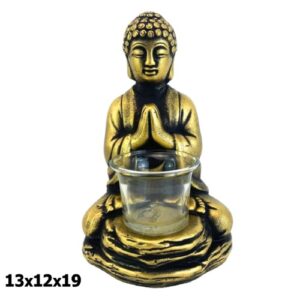 Buda em resina dourado e preto com porta vela 13x12x19cm