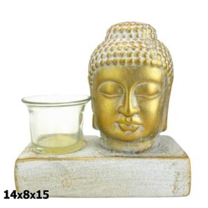 Buda em Resina com Porta Vela 14x8x15cm Dourado e Branco