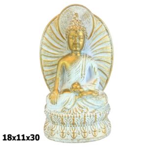 Buda Sentado em Resina 18x11x30cm Dourado e Branco