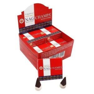 Caixa de incenso em cone Golden Nag Champa com cones ao lado