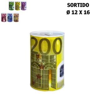 Mealheiro em forma de lata com design de notas, 12x16cm