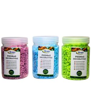 Frascos de pedras decorativas em cores sortidas